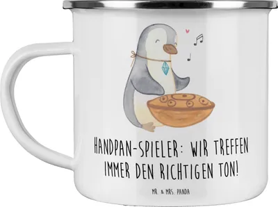 Produktbild von Mr. & Mrs. Panda Emaille Tasse Handpan Spieler - Weiß - Geschenk, Pott, Emailletasse, emaillebecher, Teetasse, spielen, Lernen, Klänge, Instrument, Harmonie, Musiker