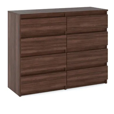A dark wood dresser with eight drawers, shown in a three-quarter view.