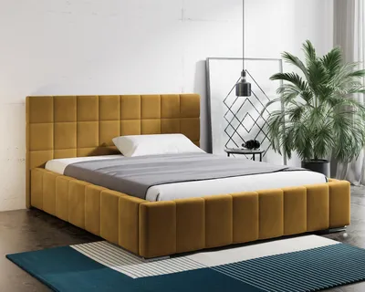 Produktbild von Polsterbett mit Bettkasten Tres, Bett für Schlafzimmer, Metallrahmen mit Lattenrost (Stoff: kronos 01 - senfgelb, Große: 160x200 cm)