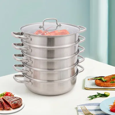 Zdjęcie produktu dla Garnek do gotowania na parze z 5 warstwami, do kuchenek indukcyjnych, 30 cm, ze stali nierdzewnej, z pokrywką