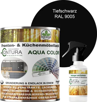 Produktbild von 750ml. + Anlauger - Contura Küchenmöbellack RAL Möbellack SEIDENMATT SET Möbelfarbe Holzlack Buntlack Küchenlack - RAL 9005 Tiefschwarz