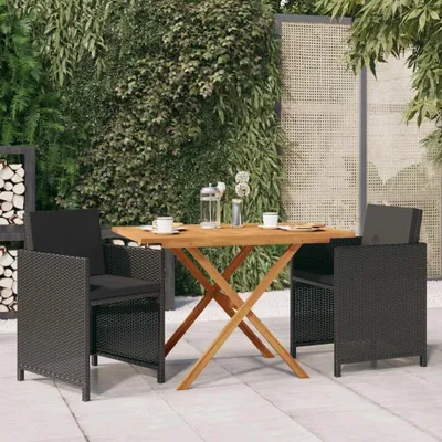 Produktbild von 3-teiliges schwarzes Gartenmöbel-Set mit Kissen für Terrasse, Balkon und Außenlounge, mit robustem Balkontisch aus Akazienholz mit Ölfinish sowie wetterfesten Stühlen und waschbaren Kissen