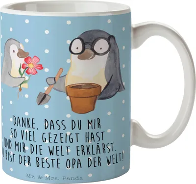 Produktbild von Mr. & Mrs. Panda Kaffeetasse Pinguin Opa Blumen pflanzen - Blau Pastell - Geschenk, schöne tasse, Opi, Becher, Großvater, Gärtner, Vatertag, Kaffeebecher, Trinkbecher