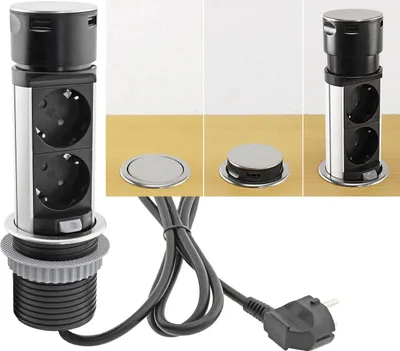 Zdjęcie produktu dla Wbudowane gniazdko na biurko, stal nierdzewna, 2x gniazdka, USB A+C