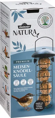Produktbild von Dehner Natura Premium Wildvogel Futtersäule, Meisenknödelsäule gefüllt, inkl. 4 Meisenknödel, ganzjähriges Wildvogelfutter fettreich / energiereich, hochwertiges Vogelfutter für Wildvögel,ca. Ø 7 cm