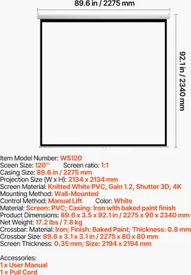Image de Écran de projection manuel VEVOR Écran de projection pour vidéoprojecteur, 120 pouces 1:1 4K 1080 HD, écran de projection rétractable, projection de films sur un mur avec câble de traction, écran enroulable portable Home Cinema