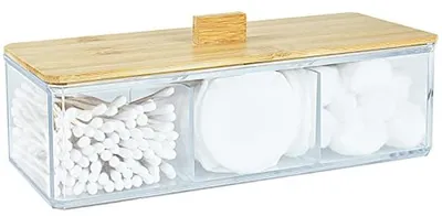 Productafbeelding van Acryl Qtip houder met houten deksel en 3 compartimenten voor badkamerorganisatie