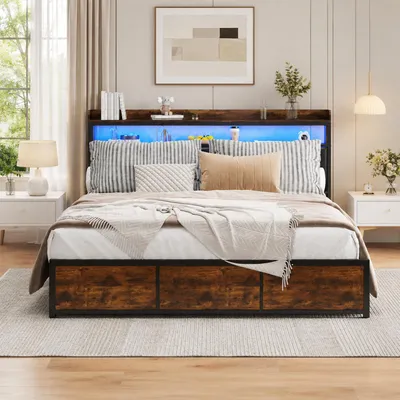 Obrázok produktu pre INONEFT čalúnená posteľ 180x200 cm, dvojlôžko s 4 zásuvkami, kovový rám postele s kovovým roštom, čalúnená opierka s LED osvetlením a úložným priestorom, farba: čierna