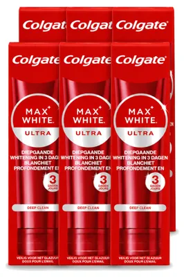 Imagen del producto de 6 tubos de pasta dental Colgate Max White Ultra Deep Clean, blanqueadora, de 75 ml. Paquete económico con 6 unidades