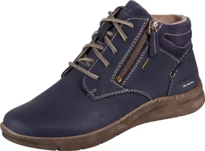 A single blue leather boot with laces and a zipper is shown against a white background.