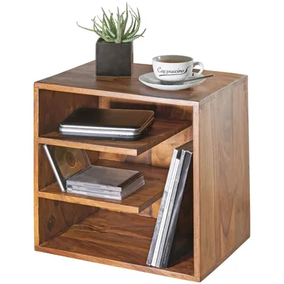 Produktbild von Beistelltisch 43x43x30 cm Sheesham Massivholz Design Nachttisch, Kleiner Wohnzimmertisch mit Ablagen, Designer Holztisch massiv, Nachtkonsole Nachtkommode Holz, Anstelltisch modern