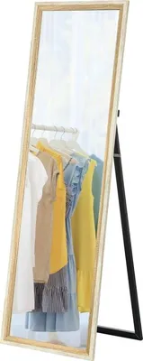 Image de Miroir pleine longueur Fortuna Lai, 162,6 x 53,5 cm Miroir sur pied avec support, miroir mural pour salon, chambre à coucher, dressing Blanc + bois naturel