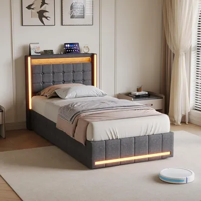 Produktbild von Polsterbett 90x200 cm mit Bettkasten, RGB-LED, USB-C, 2 USB, Hydraulik, Stauraum, Lattenrost, Leinenstoff, Einzelbett Grau