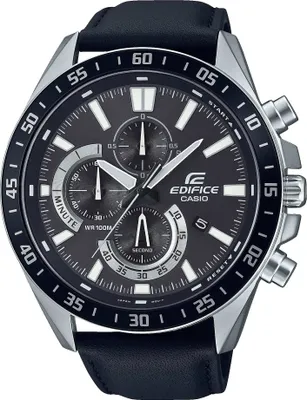 A close-up studio shot of a men's chronograph watch with a black dial and leather strap.