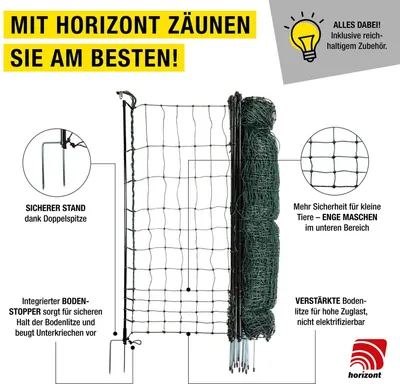 Produktbild von horizont strongLine Hundezaun 50 m x 110 cm – elektrifizierbares Netz mit Fiberglaspfählen