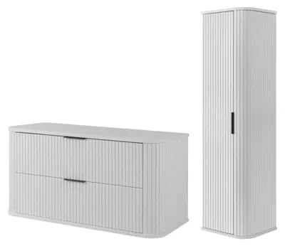 Image de Ensemble de meubles de salle de bain comprenant un meuble vasque et une armoire haute, de couleur blanche, dimensions : 100 x 52 x 42 cm