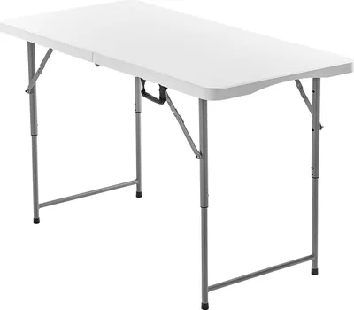 Obrázek produktu pro SucceBuy skládací stůl bufetový stůl přenosný univerzální stůl 122 cm, obdélníkový plastový stůl s nastavitelnou výškou a integrovanou rukojetí, zahradní stůl kempinkový stůl pro párty, pikniky a kempování, bílý