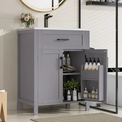 Zdjęcie produktu dla Merax szafka podumywalkowa z ceramiczną umywalką, stojąca szafka łazienkowa z odwracalną szufladą, drzwiczki ze schowkiem, 60x46x84,8 cm, szara