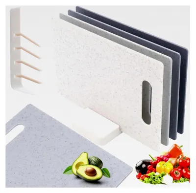 Produktbild von Schneidebrett Set mit 4 rutschfesten Kunststoffbrettern und Aufbewahrungsständer, Professionelles Frühstücksbrettchen 28 x 18 cm, BPA-frei, Spülmaschinengeeignet
