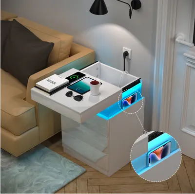 Produktbild von Intelligenter LED Nachttisch mit Ladestation,Weiß Front Hochglanz Nachtkommode mit 3 Schubladen,Beistelltisch Kommode für Schlafzimmer 45x40x67cm