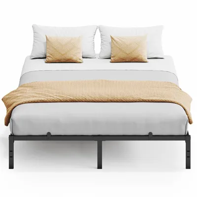 A bed frame with bedding and pillows, presented on a white background.