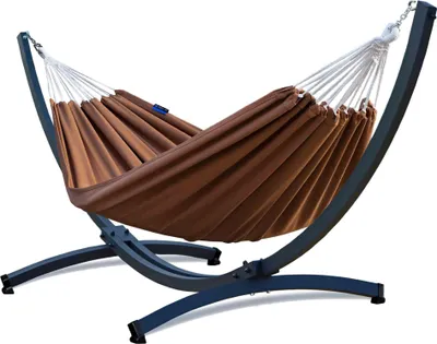 Produktbild von Potenza Outdoor Hängematte mit Tytan Gestell für 2 Personen I Baumwolle Doppelhängematte XXL 220x160, 200kg I Hängemattengestell 350 kg, wetterfest