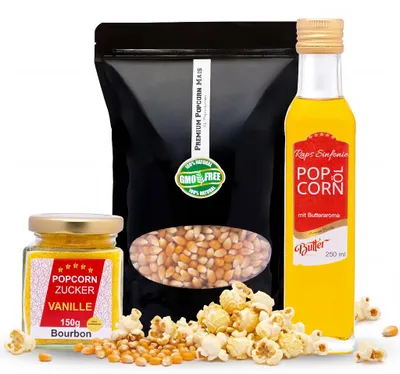 Zdjęcie produktu dla Hopser Funfood Zestaw do popcornu Kukurydza do popcornu Olej do popcornu Aromat masła i cukier waniliowy