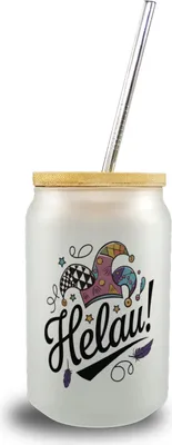 Produktbild von Karneval Trinkglas mit Bambusdeckel mit Helau Narrenhut