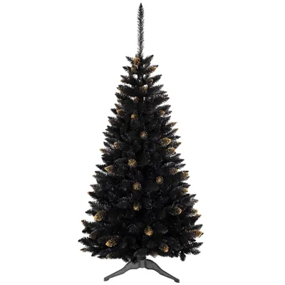 A black artificial Christmas tree with gold accents on a white background.