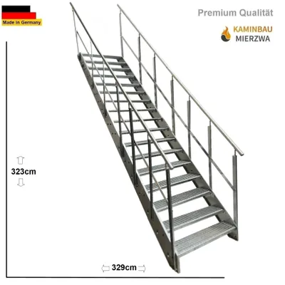 Produktbild von Premium Wangentreppe Stahltreppe Gitterroststufen 17 Stufen mit beidseitigem Geländer Verzinkt Treppen Breite 60 cm Geschosshöhe 323cm / Aussentreppe