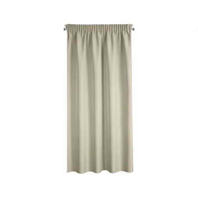 A single beige curtain hanging from a curtain rod against a white background.