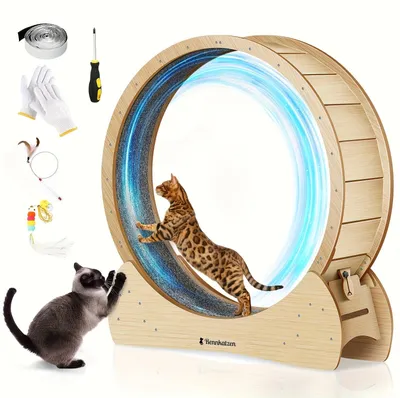 Zdjęcie produktu dla Cattrainer - Bieżnia dla kotów - Koło dla kotów - Bieżnia dla zwierząt domowych - Drewniane koło do zabawy - Rozmiar XL - Naturalne drewno