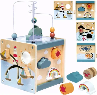 Productafbeelding van Activiteitenkubus met labyrint en oceaanmotieven: een veelzijdig labyrint met pedagogische parels - Abacus-klok - Vroege leerpuzzel
