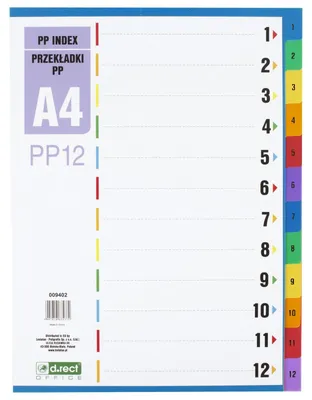 Produktbild von D.RECT A4 Register 1–12 – PP Trennblätter mit Farbindizes – Mehrfarbig – Univers
