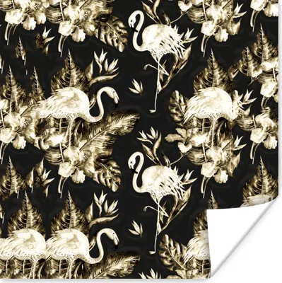 Produktbild von MuchoWow® Poster Flamingo - Blumen - Gold - Muster 75x75 cm - Wand Dekoration