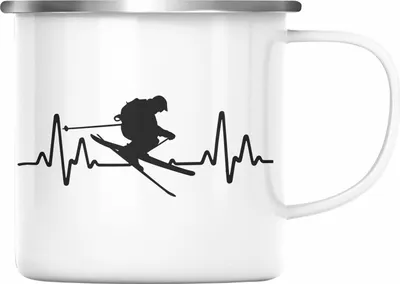 Produktbild von Trendation - Ski Emaille Tasse Geschenk Grafik Herzschlag Geschenkidee Skifahrer Geschenk Winter (Silber)