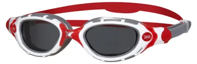 Productafbeelding van Zoggs Original Predator Flex zwembril voor volwassenen, heren en dames – geschikt voor open water, anti-condens, comfortabele pasvorm, eenvoudig verstelbare bandjes, gerookt glas met polarisatie, wit/grijs/oranje