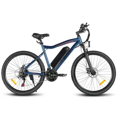 A blue electric bicycle is shown against a white background.