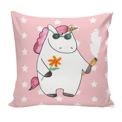 Produktbild von Mr. & Mrs. Panda kissen für sofa Einhorn Woodstock - Rot Pastell - Geschenk, bedruckt, Alkohol, 40x40, Kuschelkissen, Deko, Einhörner, Joint, Unicorn, Witzig, Party