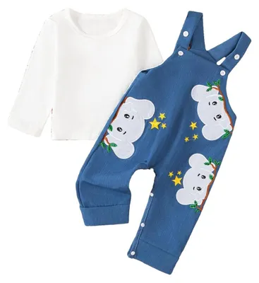 Immagine prodotto di Set per neonati, 6-12 mesi, composto da un maglioncino a collo alto con motivo orso e una salopette con tasche, colore blu, ideale per l'abbigliamento per bambini