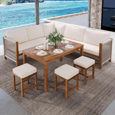 Produktbild von Terrassenmöbel-Set für 7–8 Personen, Rattan-Gartenlounge, Outdoor-Sofaset mit Ecksofa, 3 Hockern und Tisch für Balkon, Garten, Veranda, Beige