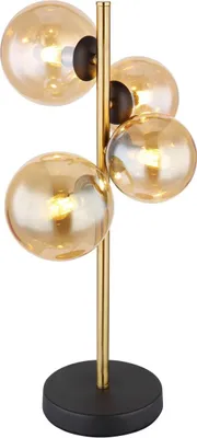 Produktbild von Globo Lighting Tischleuchte Metall schwarz matt, Metall messing matt, Glas amber, Wippschalter am Kabel, LxBxH: 237x193x480mm, Kabellänge 2400mm, 2 Gläser DM: 10 cm, 2 Gläser DM: 12 cm, inkl. 4x G9 LED 3.5W 230V, 350lm Source, 80lm Output, 3000K, inkl. LED Leuchtmittel 10676