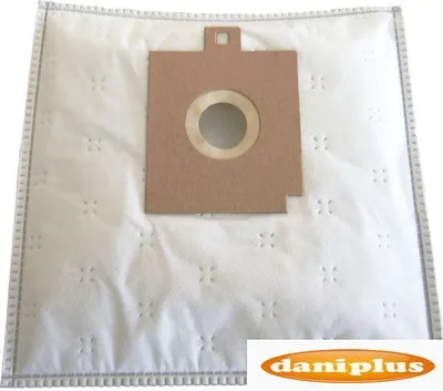A white vacuum cleaner bag with a brown cardboard attachment.