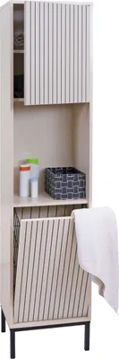 Immagine prodotto di Armadietto alto HWC-O42, mobile da bagno scaffale da bagno mobile da bagno scomparti cesto per la biancheria, MDF melaminico 174x39x30cm ~ aspetto legno beige