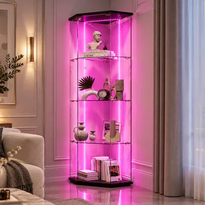 Produktbild von INONEFT Glasvitrine mit LED und 4-stufig, 5-eckige Standvitrine, Sammlervitrine, Vitrine, für Wohnzimmer, Büro, Schwarz