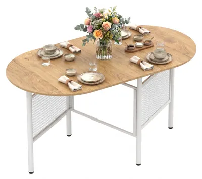 Produktbild von KOMFOTTEU Ovaler Esszimmertisch für 6-8 Personen, klappbarer Esstisch mit Stabile Metallbeine & Holzplatte, platzsparender Klapptisch, Küchentisch, Wohnzimmertisch für Esszimmer & Küche, 150 x 80 x 76 cm