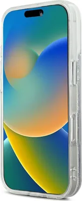 A clear, professional studio shot of a transparent iPhone case with liquid glitter.