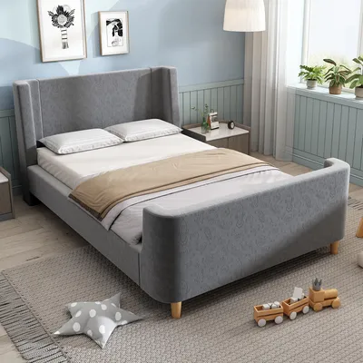 Produktbild von STILVORA Kinderbett 90x200cm Polsterbett Schlittenbett mit kosmischem Muster, Jugendbett Bettgestell, Samt, Grau (ohne Matratze)