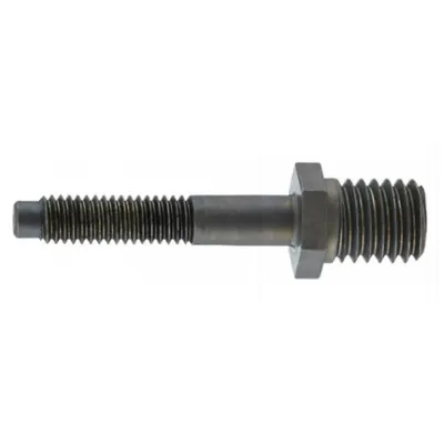 A single metal bolt with threads on one end and a hexagonal head on the other, isolated on a white background.