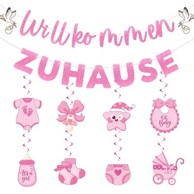 Produktbild von Willkommen Zuhause Girlande Rosa Glitzer mit Spiralanhängern Babymotive